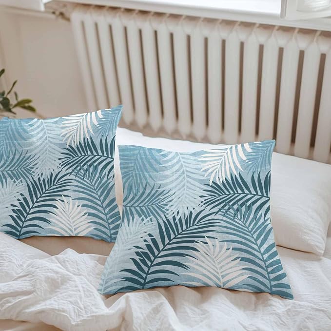 Teal Palm Leaves Waterproof Outdoor Pillow Covers Set of 2 Home Decor, Summer Tropical Leaf Plant Pillowcase Patio Pillow Covers for Couch Bench Patio Furniture Garden 16x16in