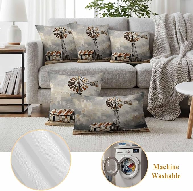 Gray Rustic Windmill Outdoor Pillow Covers 26"x26" Set of 2, Farmhouse Country Barn Oil Painting Waterproof Throw Pillow Covers for Patio Furniture, Decorative Cushion Covers for Porch