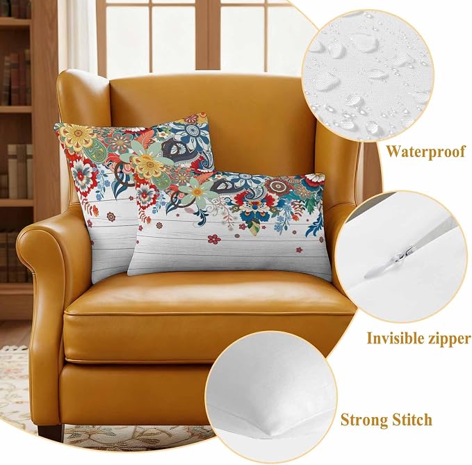 Boho Flowers Waterproof Outdoor Pillow Covers Set of 2 Home Decor, Bohemian Abstract Floral Vintage Wood Plank Pillowcase Patio Pillow Covers for Couch Bench Furniture Garden 18x18in