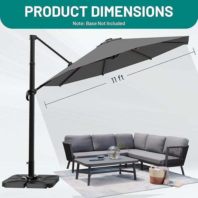 AreShark 11FT Cantilever Patio Umbrella, 360-Degree Rotation Round Hanging Offset Umbrella with Crank, Heavy Duty Patio Umbrella for Patio, Pool, Garden, Deck, Grey