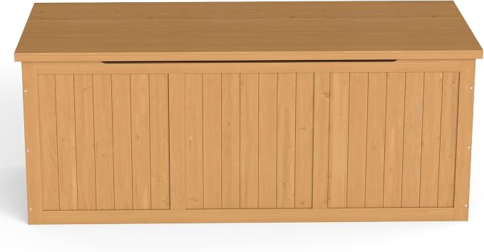 Domesto 112 Gallon Extra-Large Outdoor Deck Box, Solid Wood Storage Box Seat & Table Top, For Patio Cushions, Pool, Garden Tools (Light Brown, 112 Gallon)