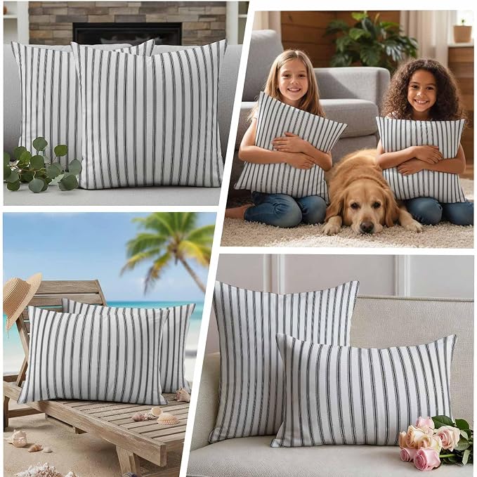 Outdoor Pillow Covers 16x16 Set of 2 Black Stripe Outdoor Pillows Waterproof Throw Pillow Covers Vertical Striped Pillowcases Decorative Case for Patio Cushion