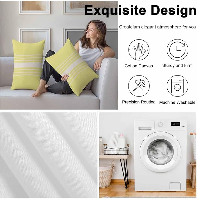 Vandarllin Outdoor Throw Pillows Covers 20x12 inch Set of 2 Waterproof Yellow Vertical Stripes Decorative Zippered Cushion Covers for Patio Furniture, Classic Striped Linen Lumbar Pillowcases