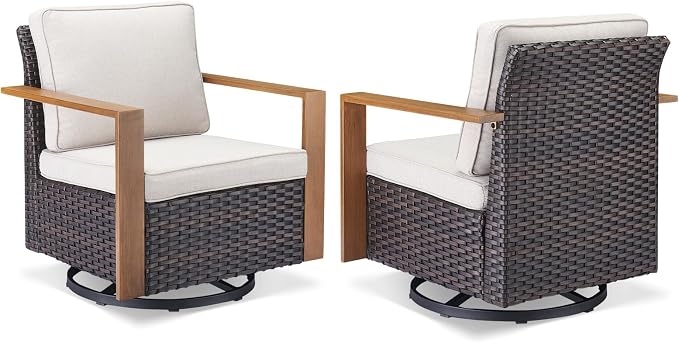 Outdoor Patio Swivel Rocker Chairs - 3 Piece Wicker Patio Furniture Bistro Set with 2 Swivel Rocking Chairs and 1 Metal Side Table,Thick Cushions,Deep Seating for Deck Porch Garden(Brown/Beige)