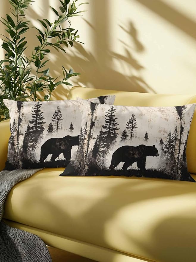 Outdoor Waterproof Throw Pillows Forest Brown Bear Silhouette Patio Pillows Pack of 2,Decorative Pillow Covers with Insert,Pillow Cushion Case for Garden Couch Sofa Minimalist Modern Art
