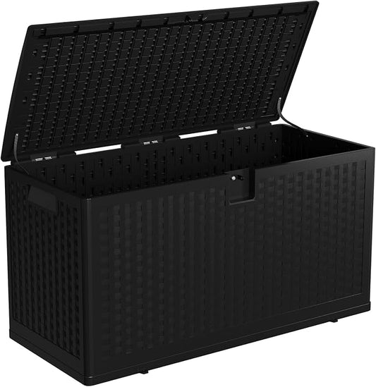 Lockable 73 Gallon Waterproof Outdoor Deck Storage Box – Resin Organizer for Patio, Garden, Pool – Stores Cushions, Tools, Equipment – Black, Imitation Rattan