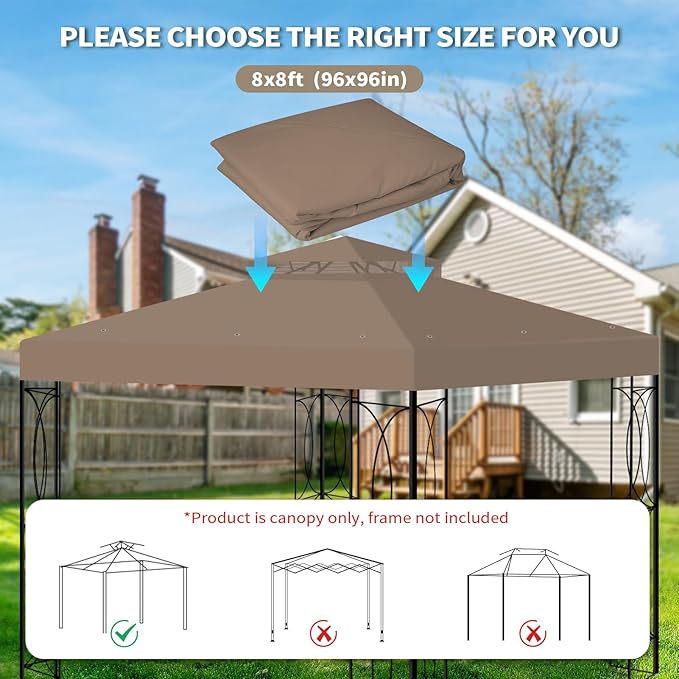 8'x8' Gazebo Top Canopy Replacement Cover - Double Tier Top Canopy Cover Replacement with UV30+, Dirt, Water Resistant for Outdoor, Garden, Pavilion (Khaki)