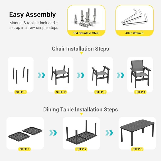 5-Piece HDPE Outdoor Dining Set for 4, Outdoor Table and Chairs | Weather Resistant Patio Table and Textilene Chairs set, Square Table with Umbrella Hole for Garden, Backyard and Lawn, Black