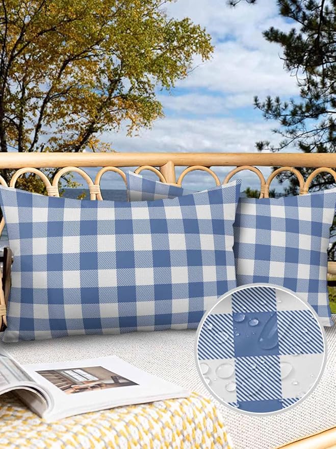 Outdoor Waterproof Throw Pillow Covers Set of 2 Buffalo Plaid Blue Check Lumbar Pillowcases 20x12 Inches Farmhouse Style Patio Decorative Pillows Cushion Case Patio Pillows for Couch Bed Chair Garden
