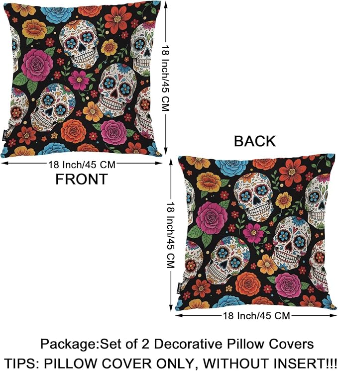 Swono Day of The Dead Throw Pillow Covers, Mexican Sugar Skulls Flowers Skeleton Set of 2 Pillow Cases Decorative 18 X 18 Inches Soft Cushion Cover Pillowcases for Bedroom Living Room Cushion Sofa