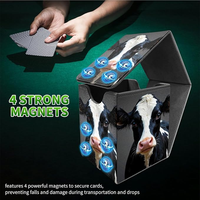 Black White Cow Card Deck Box for MTG, Personalized Card Storage Case Fits 120+ Sleeved Cards, Premium Leather TCG Box with Strong Magnetic Closure for Magic, CCG, PTCG, Baseball Cards