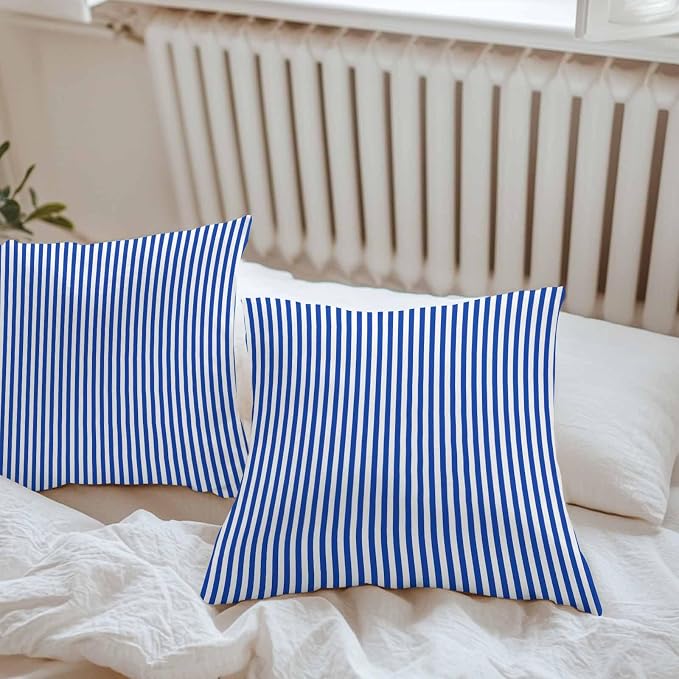 Throw Pillow Covers 24x24 Inch Set of 2, Navy Blue Stripe Waterproof Outdoor Cushion Covers, Modern White Vertical Striped Geometric Decorative Pillowcases for Couch, Sofa, Bed, Garden, Patio