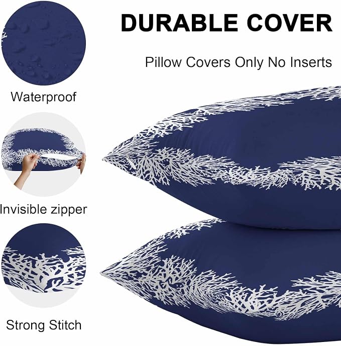 Vandarllin Outdoor Throw Pillows Covers 18x18 inch Set of 2 Waterproof Navy Blue Coral Decorative Zippered Cushion Covers for Patio Furniture, Coastal Marine Life Lumbar Pillowcases