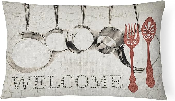 Caroline's Treasures SB3087PW1216 Pots and Pans Welcome Canvas Fabric Decorative Pillow 100% Machine Washable Pillow, Indoor or Outdoor Decorative Throw Pillow for Couch, Bed or Patio