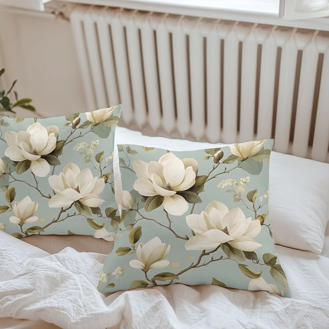 Vintage Floral Outdoor Pillow Covers 26"x26" Set of 2, Magnolia Flowers Branches Rustic Botanical Teal Waterproof Throw Pillow Covers for Patio Furniture, Decorative Cushion Covers for Porch