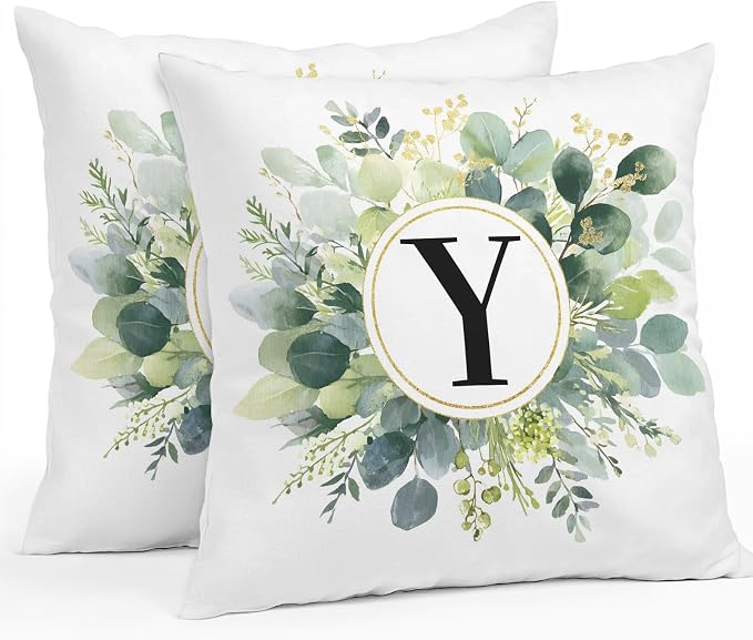 Letter Y Waterproof Outdoor Pillow Covers Set of 2 Home Decor, Alphabet Green Eucalyptus Leaves Pillowcase Patio Pillow Covers for Couch Bench Patio Furniture Garden 16x16in
