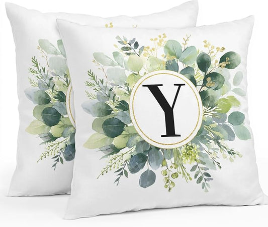 Letter Y Waterproof Outdoor Pillow Covers Set of 2 Home Decor, Alphabet Green Eucalyptus Leaves Pillowcase Patio Pillow Covers for Couch Bench Patio Furniture Garden 18x18in