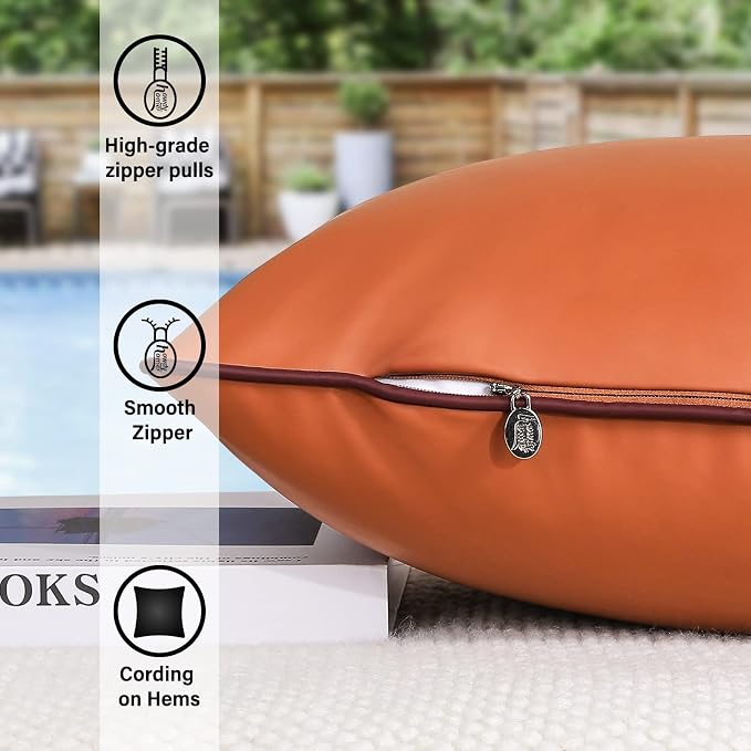 Pack of 2 Outdoor Pillow Cover 12x20 Inch Water Resistant Silicone Leather UV Fade Resistant Brown Lumbar Pillow Cover for Patio Garden Tent Couch