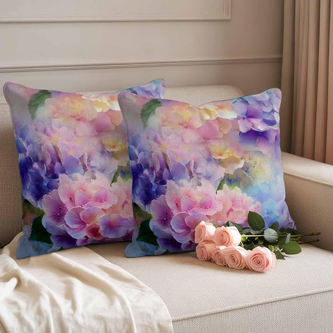 Pink Purple Floral Outdoor Pillow Cover 18x18 Inch Cushion Sham Case, Spring Hydrangea Flower Vintage Botanical Waterproof Decorative Square Throw Pillowcase for Outside Garden Patio Porch Couch Chair