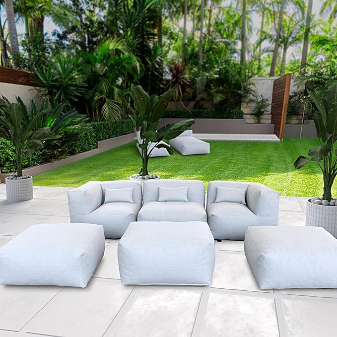 Patio Furniture Set Bean Bag Chairs PortoCervo 6PC Outdoor Chairs Sectional Conversation Patio Set Daybed Furniture Outdoor Sofa Couch High Density Foam Filling Modern Comfy Patio Couch (Light Gray)
