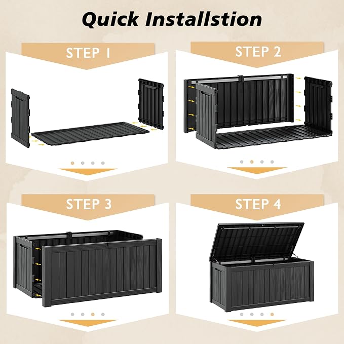Fancyango 180 Gallon Outdoor Deck Box Waterproof, Large Storage Box for Patio, Resin Storage Bench Lockable for Garden Tools, Package Delivery, Black