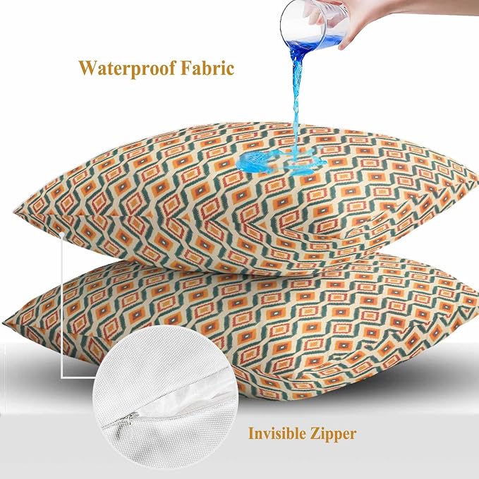 Throw Pillow Covers 16x16 Inch Set of 2, Orange Teal Geometric Waterproof Outdoor Pillow Covers, Southwest Ethnic Country Decorative Cushion Pillowcases for Couch, Sofa, Bed, Garden, Patio