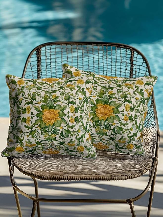 Outdoor Pillows with Inserts Set of 2 16x16, Yellow Green Boho Waterproof Outdoor/Indoor Throw Pillows, Classic Floral Farmhouse Botanical Decorative Pillow for Bed Couch Sofa Patio Furniture