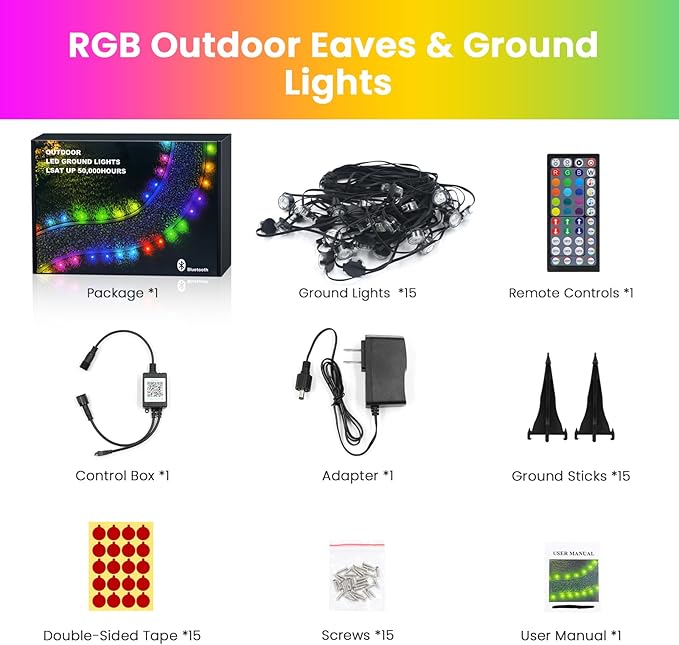 RGB Outdoor Ground Lights 50 FT, Permanent Outdoor Lights for House, Bluetooth Music Sync, IP67 Waterproof, Timer, Remote & App Control for Eaves,Landscape and Pathway Lights.