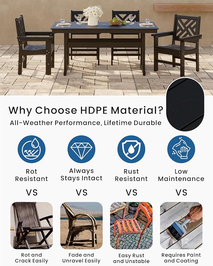 5-Piece Outdoor Dining Set, HDPE All-Weather Patio Table and Chairs Set for 4, Outdoor Patio Furniture Sets with Umbrella Hole for Outside, Deck, Backyard, Garden (Black)