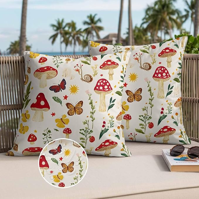 Rustic Mushroom Outdoor Waterproof Throw Pillow Covers Set of 2, 26"x26", Leaf Butterfly Botanical Plants Country Decorative Pillow Covers Outside Cushion Case for Patio Porch Garden