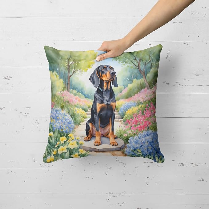Caroline's Treasures Black and Tan Coonhound Spring Path Throw Pillow Machine Washable, Indoor Outdoor Decorative Pillow for Couch, Bed or Patio, 18Hx18W