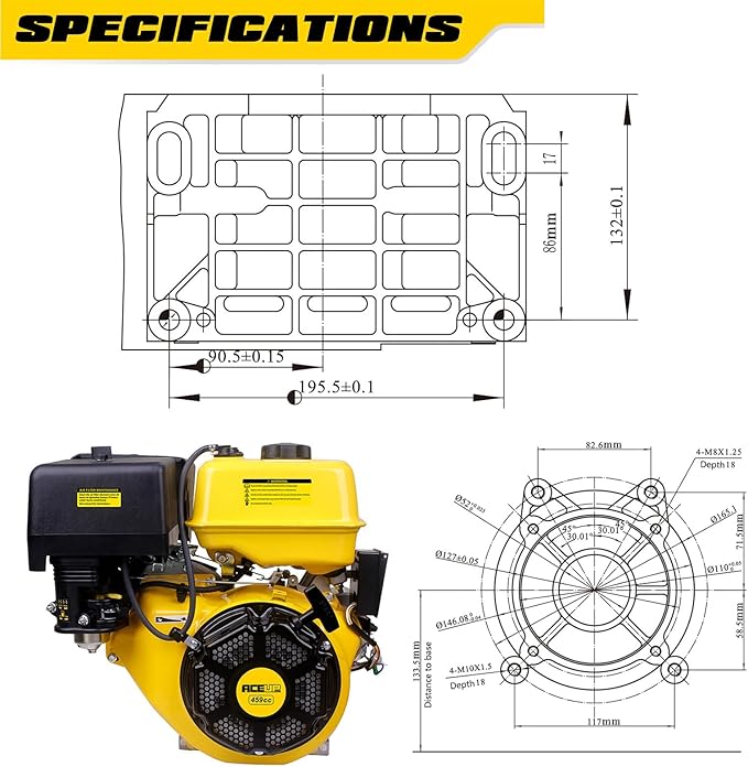 Aceup Energy 18HP 459cc Gas Engine Horizontal Shaft, 4 Stroke OHV Gas Motor with Electric Start EZ, Shaft 1" (25.4mm) Diameter