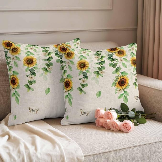 Sunflowers Butterfly Waterproof Outdoor Pillow Covers Set of 2 Home Decor, Spring Floral Pastoral Rustic Pillowcase Patio Pillow Covers for Couch Bench Furniture Garden 24x24in