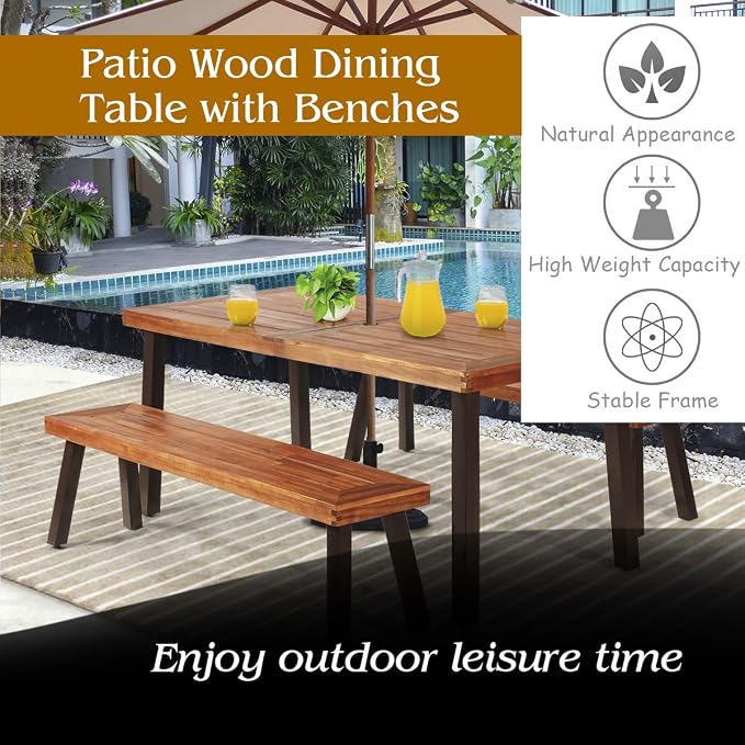 Giantex Patio Dining Table Set with 2 Benches, Outdoor Picnic Table Set with Umbrella Hole, Acacia Wood Patio Seating and Rectangular Table for Backyard, Garden, Lawn (Rustic Brown)