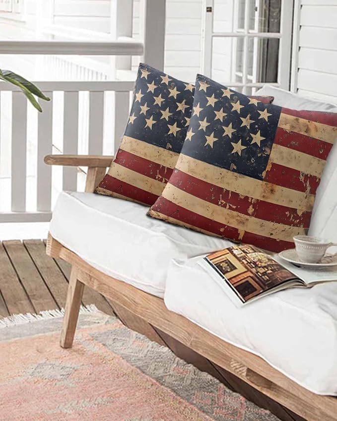 Outdoor Waterproof Throw Pillows Old Vintage American Flag Patriot Patio Pillows Pack of 2,Decorative Pillow Covers with Insert,Pillow Cushion Case for Garden Couch Sofa Stars and Stripes