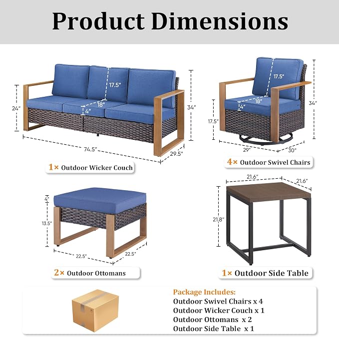 8-Piece Outdoor Patio Furniture Set with 4 Swivel Chairs, All-Weather Wicker Sofa Set for Garden, Yard, Porch and Poolside Seating Blue