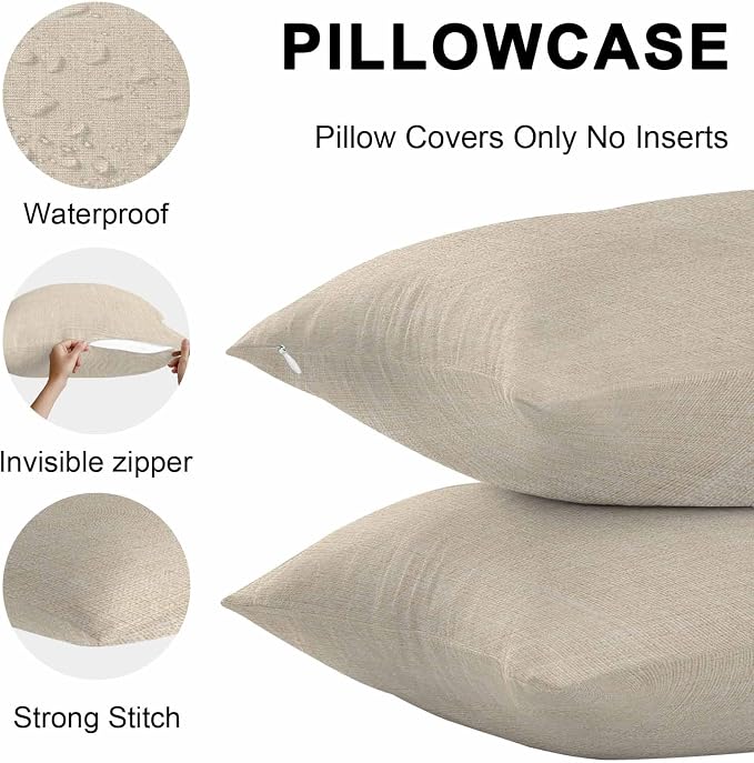 Pack of 2 Waterproof Outdoor Pillow Covers 20x20 Inch Decorative Pillow Covers Vintage Cream Throw Pillowcases Farmhouse Retro Beige Solid Color Outdoor Cushion Cover for Couch, Patio, Tent
