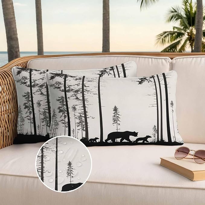 Abstract Outdoor Waterproof Throw Pillow Covers Set of 2, 20"x12", Animal Bear Family Forest Trees Silhouette Decorative Pillow Covers Outside Cushion Case for Patio Porch Garden