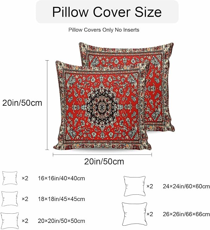 Vandarllin Outdoor Throw Pillows Covers 20x20 inch Set of 2 Waterproof Red Bohemian Decorative Zippered Cushion Covers for Patio Furniture, Boho Tribe Texture Lumbar Pillowcases