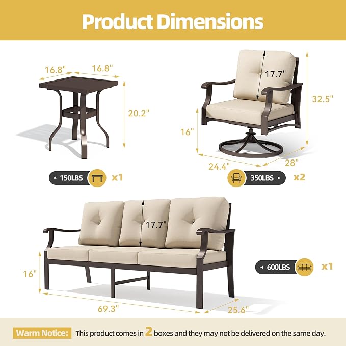 4 Piece Patio Furniture Set, Metal Outdoor Conversation Set w/3-Seat Sofa, 2 Rocking Swivel Chairs, Side Table, Patio Bistro Set w/5" Thickened Cushions for Backyard, Poolside, Beige