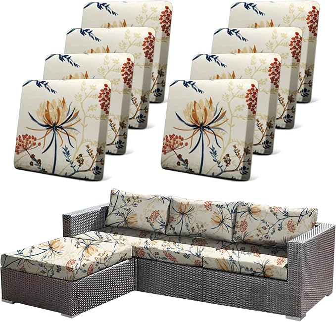 CALBODE 8PACK Outdoor Sofa Seat Cushion Covers, Floral Printed Stretch Polyester Elastic Detachable Half-Pack Sofa Cover, for Patio Terrace Garden Sofa Seat Cushion Cover
