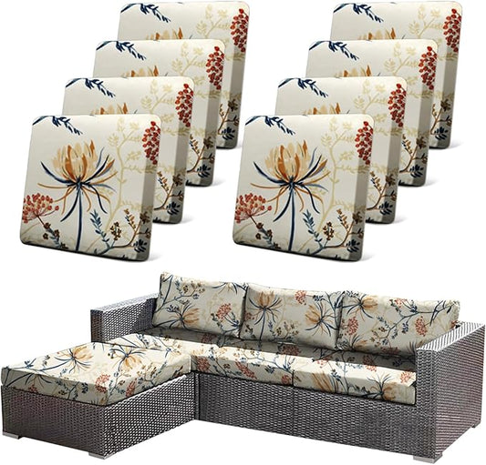 CALBODE 8PACK Outdoor Sofa Seat Cushion Covers, Floral Printed Stretch Polyester Elastic Detachable Half-Pack Sofa Cover, for Patio Terrace Garden Sofa Seat Cushion Cover