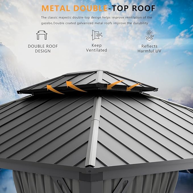 12' x 14' Hardtop Gazebo,Outdoor Permanent Pavilion Double Galvanized Steel Roof Pergola with Nettings and Curtains,Patio Sunshade Gazebos for Patio Lawns Backyard Deck,Grey