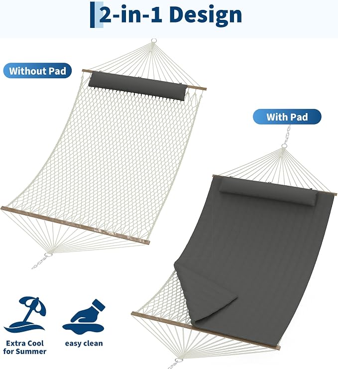 2 Person 12FT Hammocks for Outside, Double Quilted Fabric Outdoor Hammock with Spreader Bar, Large Removable Pillow, Storage Pockets, Carabiners, Max 450 Lbs Capacity
