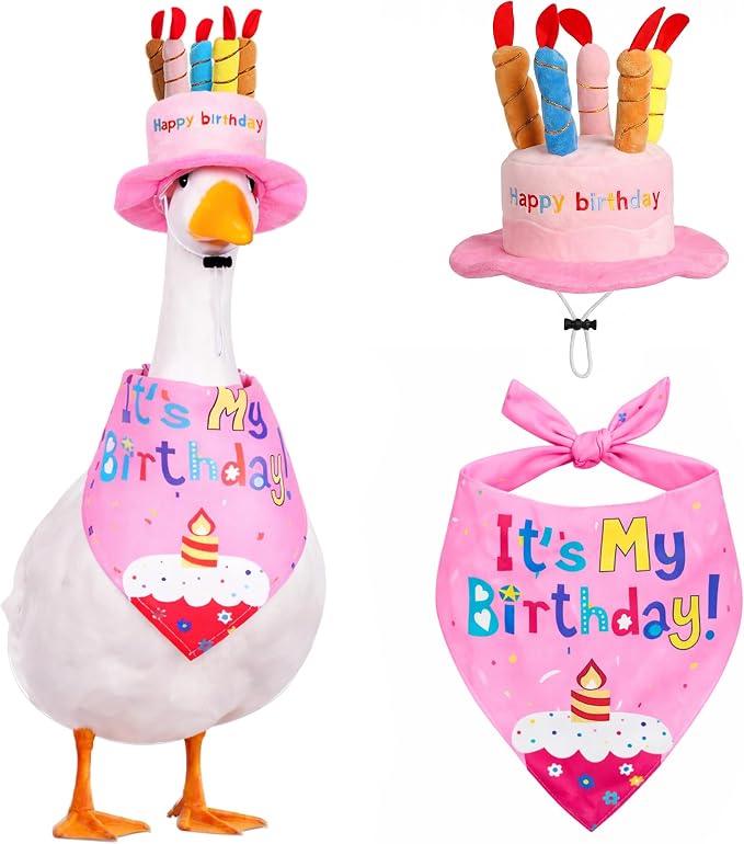 Happy Birthday Goose Outfit Porch Goose Outfits with Happy Birthday Cake Hat and Bandana Yard Geese Outfits for 23" 17" Cement/Plastic Porch Goose Outdoor Statue Patio Yard Lawn Art (Pink)