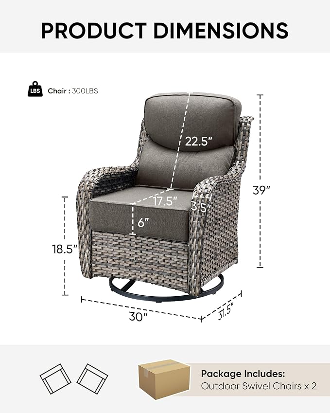 HUMMUH Outdoor Wicker Swivel Rocker Chairs, Set of 2, High Back | 6 in cushions, 360° swivel and glide motion, PE wicker, metal frame, 350 lb capacity, for porch, balcony, and deck