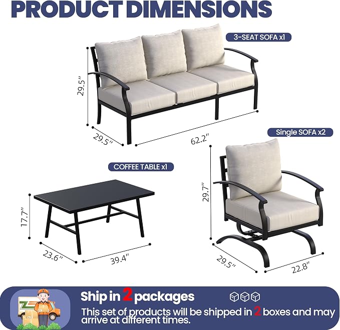 Kullavik Patio Furniture Set,4 Piece Metal Outdoor Patio Furniture Set,All Weather Modern Patio Conversation Sets w/3 Seater Sofa,2 Single Sofas and Coffee Table for Balcony Deck,Sand