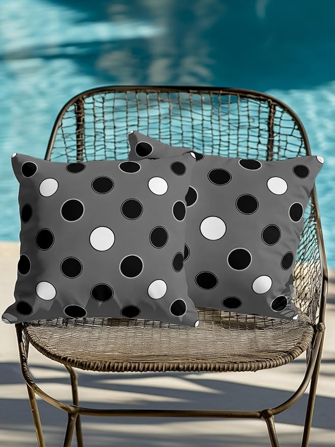 Waterproof Outdoor Pillow Set of 2 Black Polka Dots Decorative Throw Pillows Cover & Insert 16x16 Inch Pillowcase Funny Circles Spots Square Pillows for Couch Sofa Bed Patio Furniture Indoor Outdoor