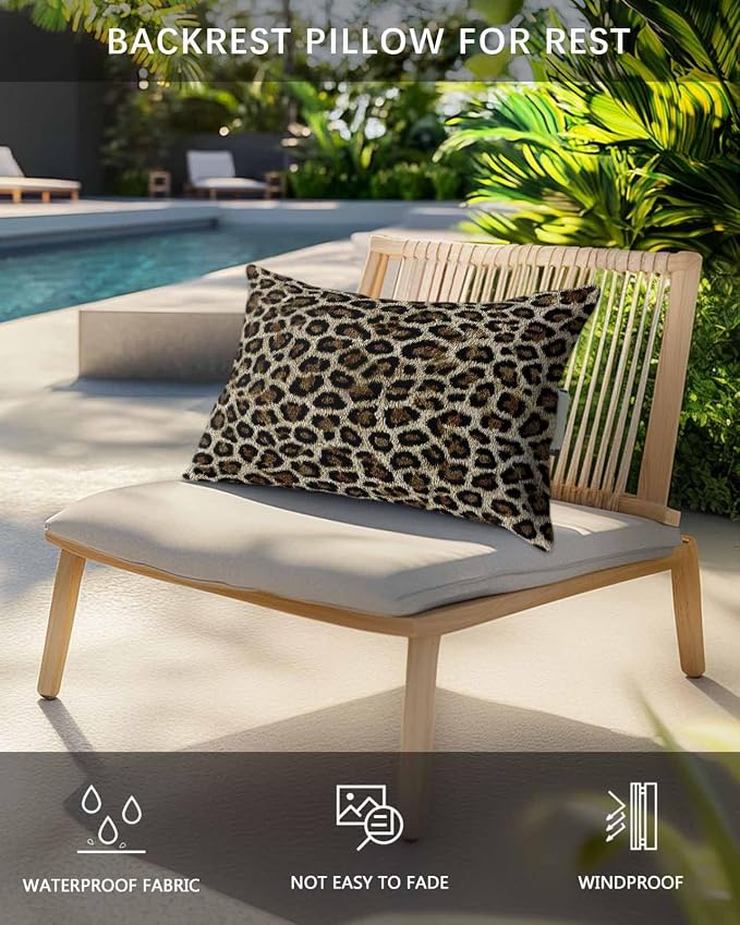Pack of 4 Outdoor Lumbar Pillow Covers 12x20 Inch, Leopard Waterproof Throw Pillow Covers Set, Farmhouse Vintage Classic Brown Indoor&Outdoor Decorative Cushion Cases for Patio Porch Car