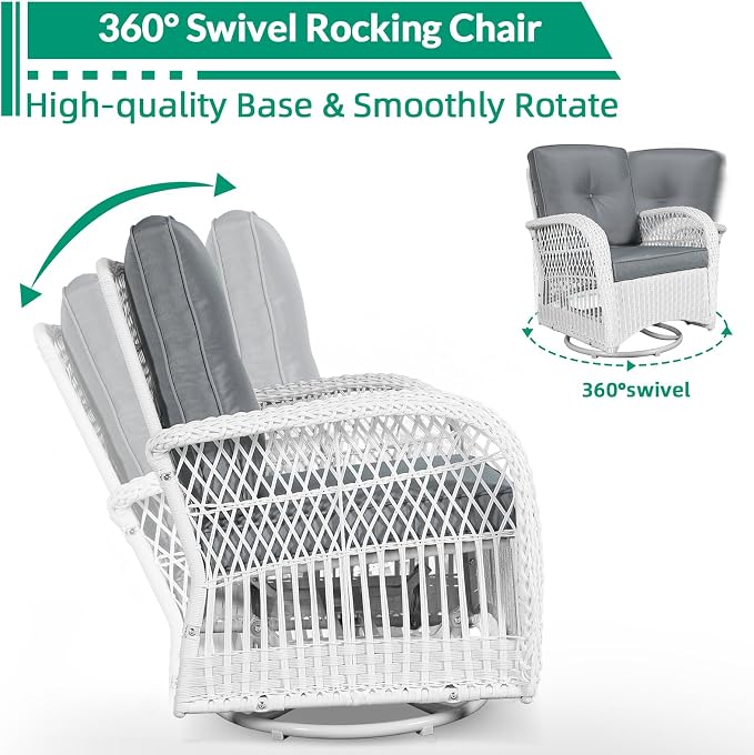 VIVIJASON 5-Piece Outdoor Patio White Wicker Conversation Sets, All Weather Outdoor Rattan Furniture Set Includes Glider Loveseat, 2 Coffee Table, 2 Swivel-Gliders Chairs with Cushions, Grey